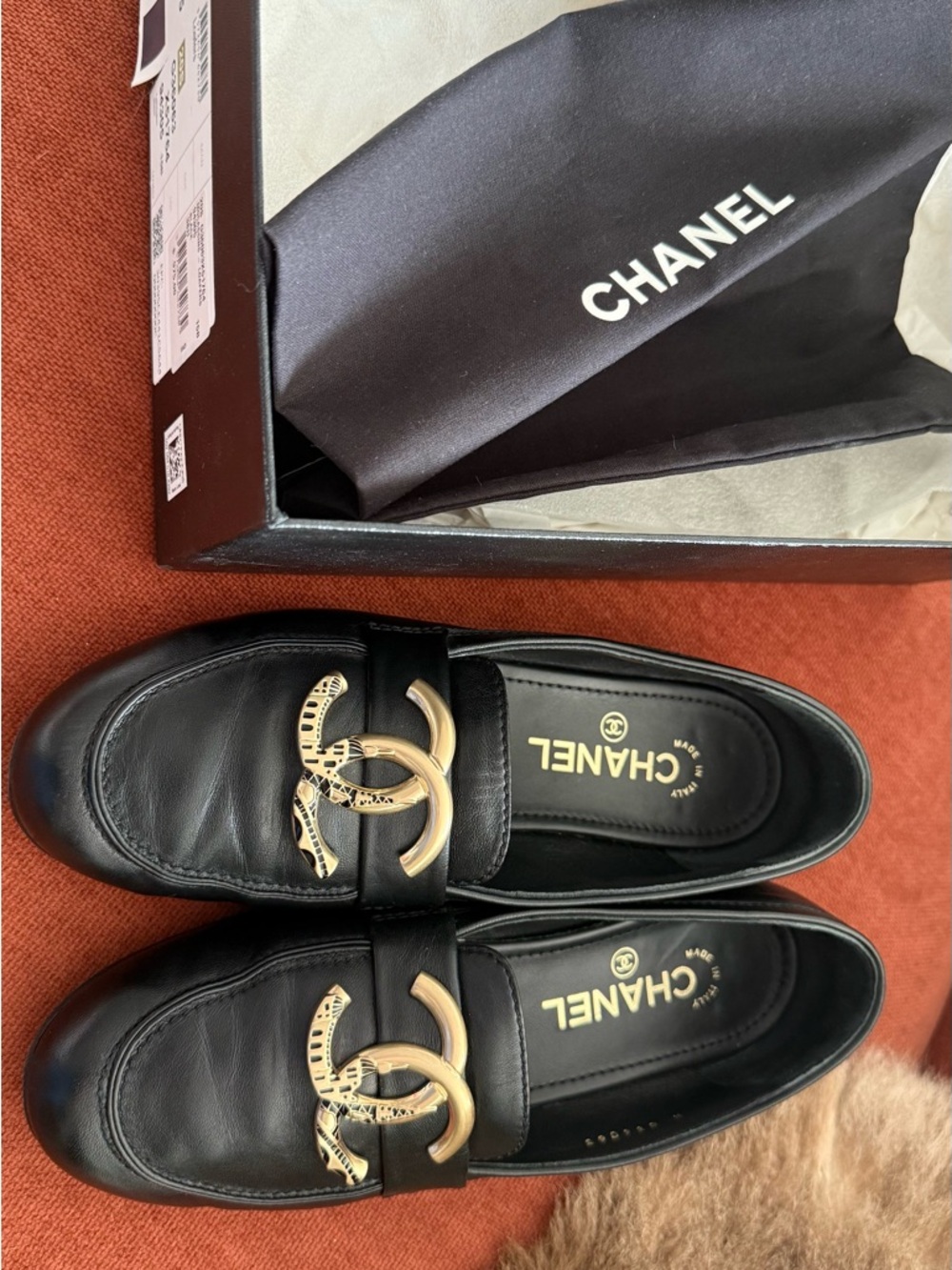 CHANEL Black  Leather Loafers with Gold CC Medallion . - Picture 2 of 12